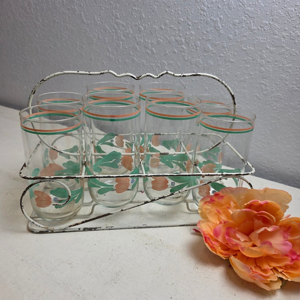 Vintage Libbey Tulip Tumbler Glasses Set of 8 with Metal Cottagecore‎ Carrier